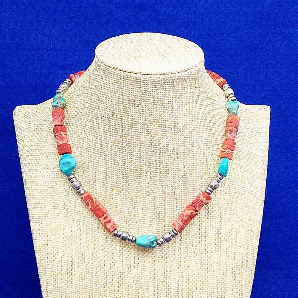Necklace Turquoise Gemstone Metal Charms Square Block Beads Fashion Jewelry 16"